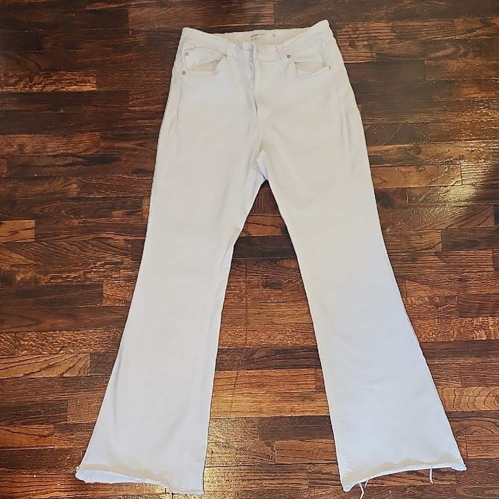 Garage High Rise White Flare Jeans With Raw Hem